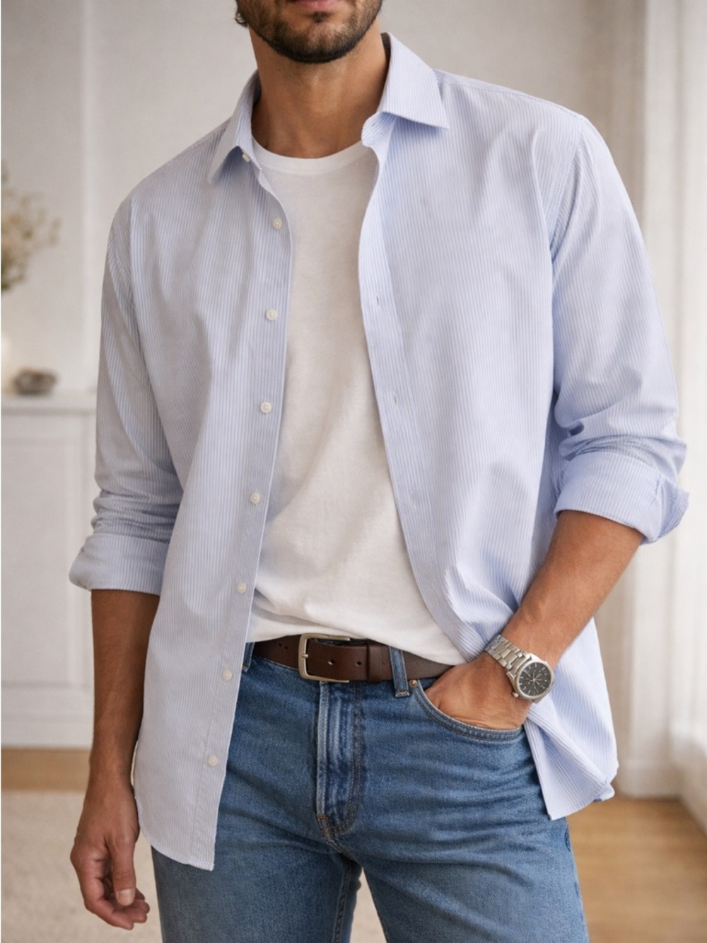 Collection by Michael Strahan Dress Shirt Light Blue White Stripe Mens L 16-16.5